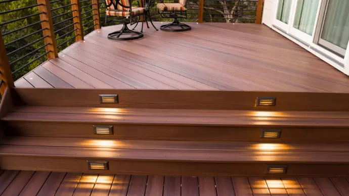 Low-maintenance composite deck with hidden fasteners and warm step lighting—perfect for evening entertaining. Built by Apex Exteriors in El Dorado County for long life, comfort, and modern outdoor living.